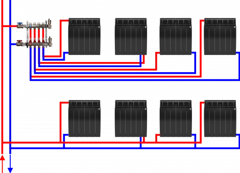 Горизонтальное(коллекторное - лучевое, тройниковое - последовательное)подключение радиаторов